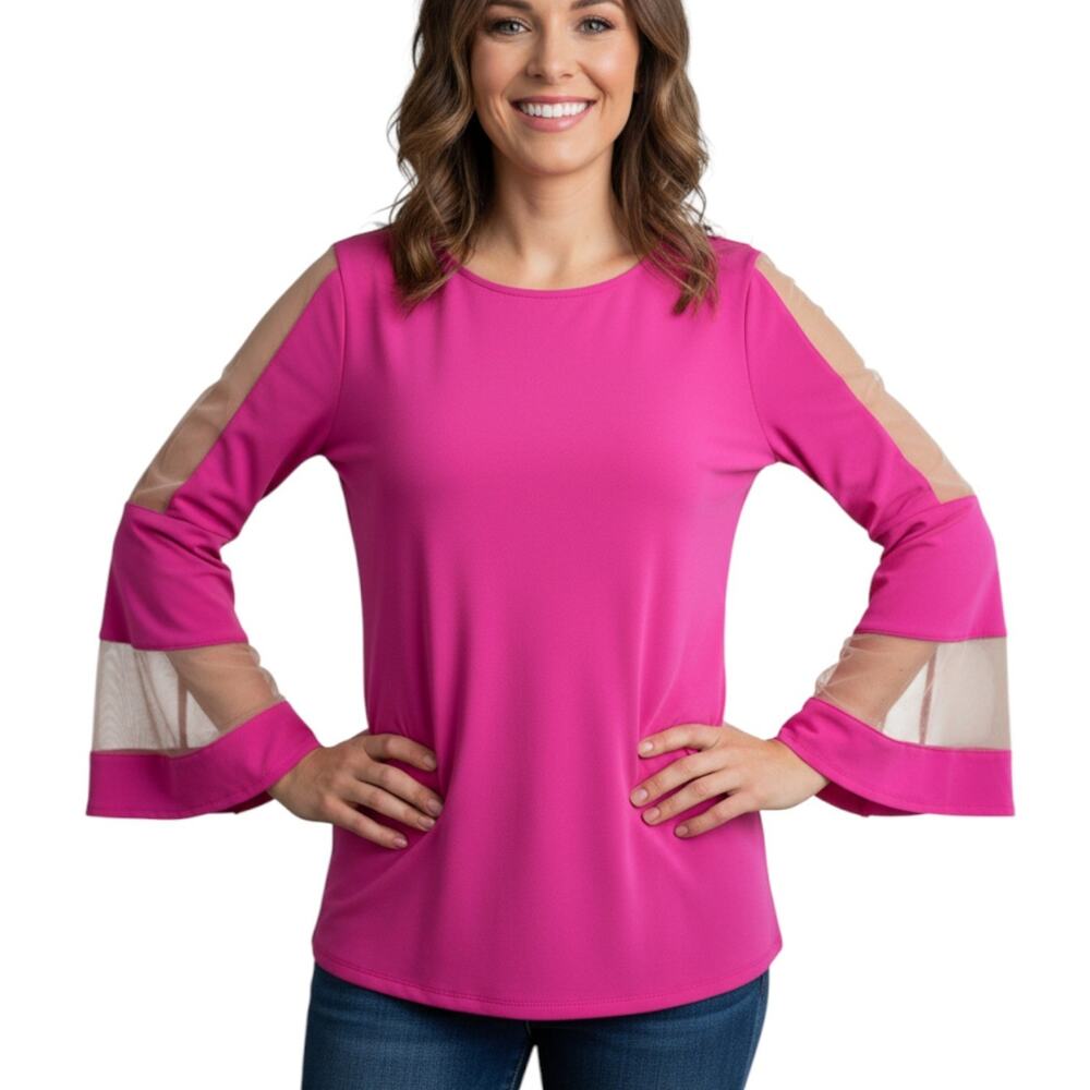 Versona Women’s Medium Bright Pink Bell Sleeve Tunic Top Blouse Night Out Party